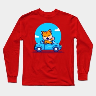 Cute Cat Driving Car Cartoon Long Sleeve T-Shirt